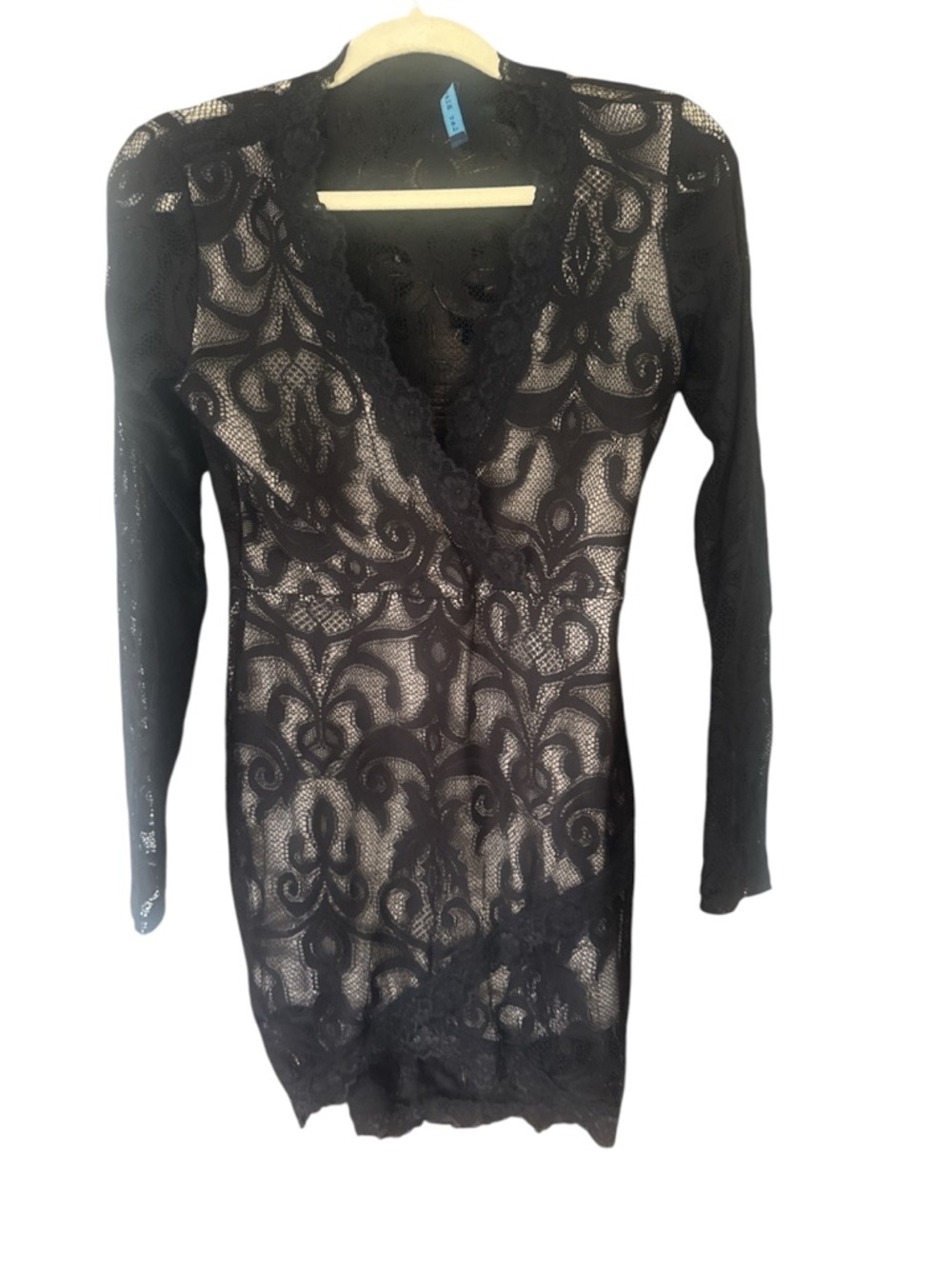 Sheer Black Lace Wrap-Style Long Sleeve Dress